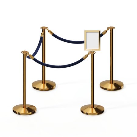 MONTOUR LINE Stanchion Post & Rope Kit PolBrass 4FlatTop 3Dk Blue Rope 8.5x11V Sign C-Kit-3-PB-FL-1-Tapped-1-8511-V-3-PVR-DB-PB